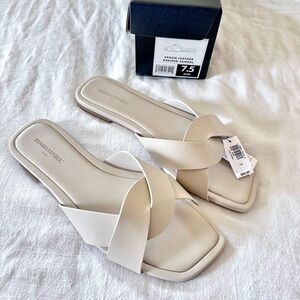 Banana Republic Vegan Leather Cream Braided Square-Toe Slide Sandals NWT